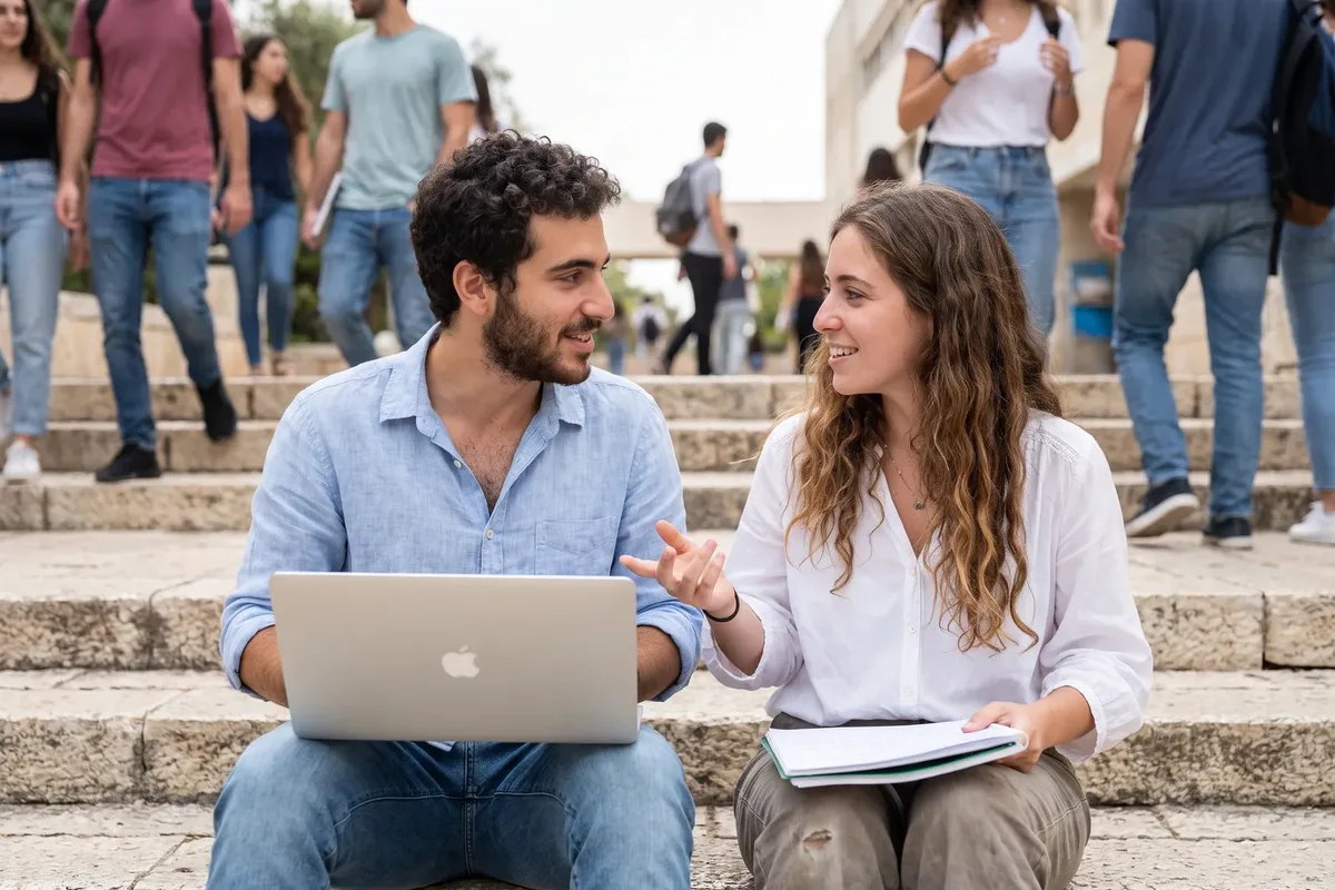 שני סטודנטים יושבים על מדרגות בקמפוס ומשוחחים